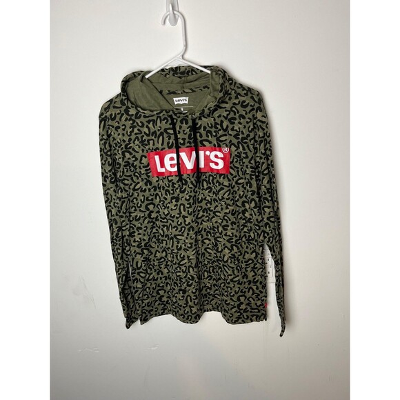 Levi's Hoodie Mens Medium Green Leopard Camo Box Logo Pullover Long Sleeve - Picture 1 of 6